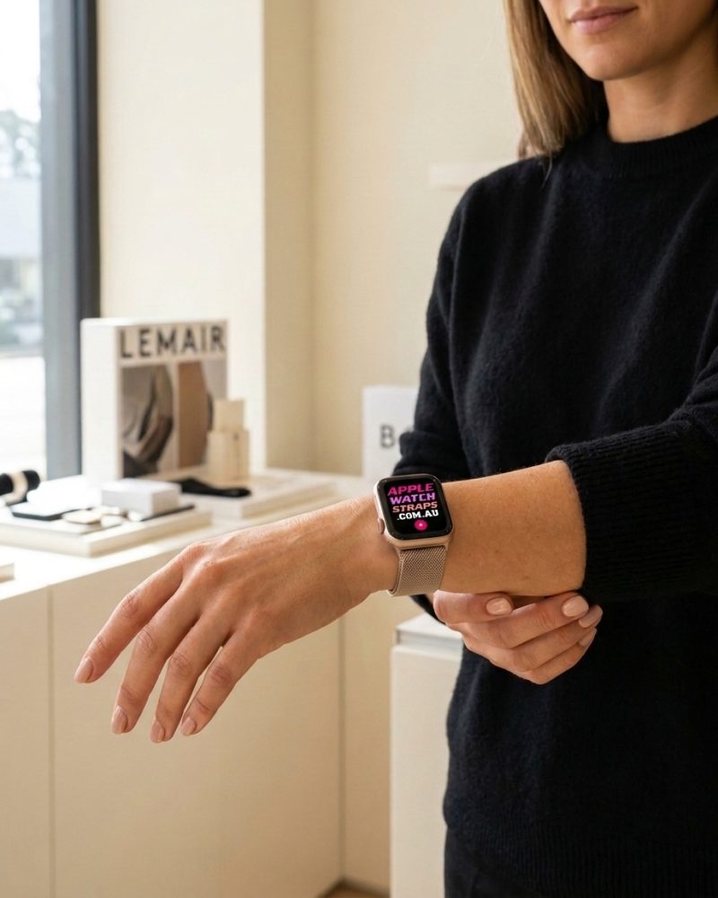 Model wearing Champagne Gold Geneva Slim Milanese Band for Apple Watch Apple Watch band