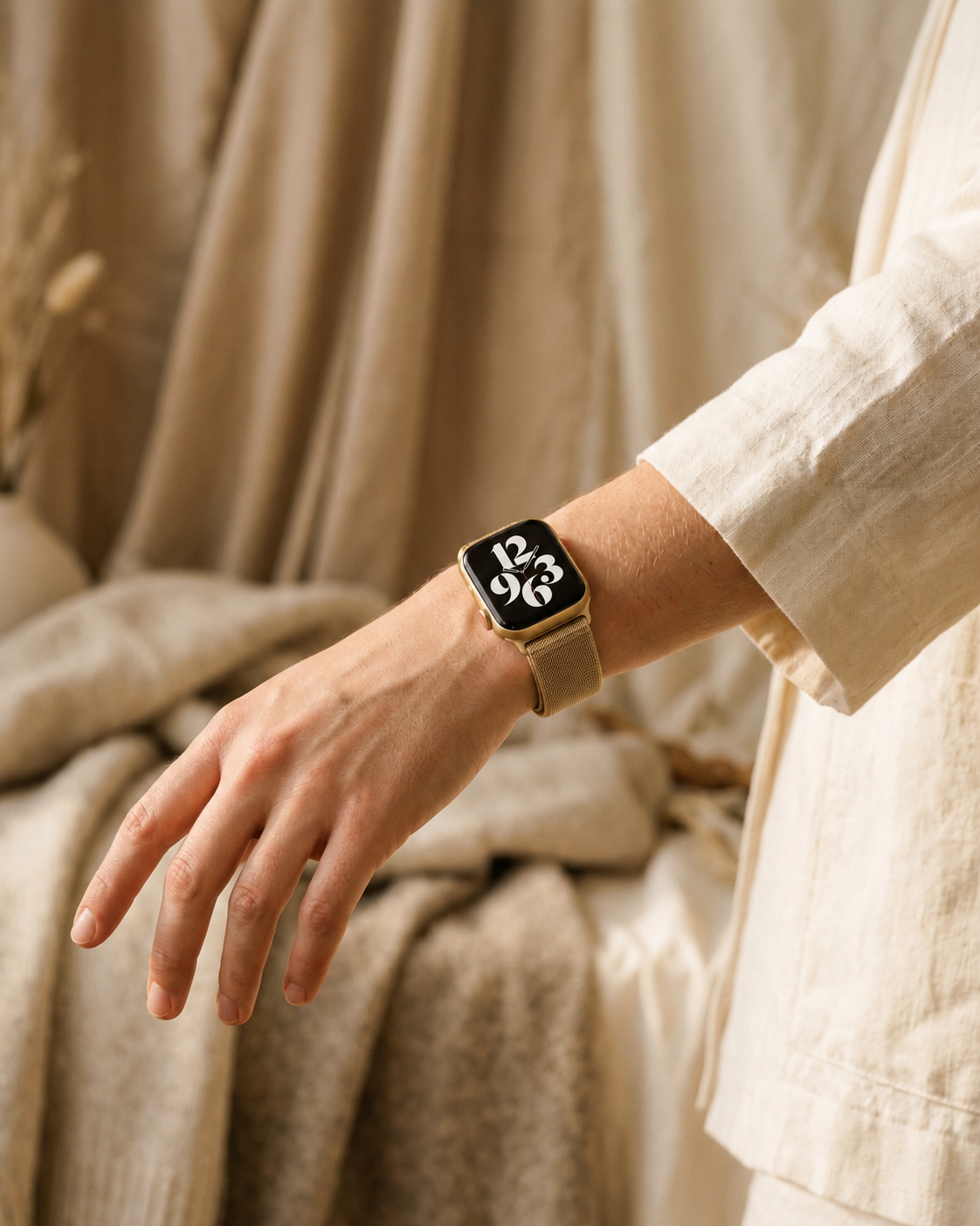 Model wearing Champagne Light Gold Aurora Slim Milanese Band for Apple Watch Apple Watch band