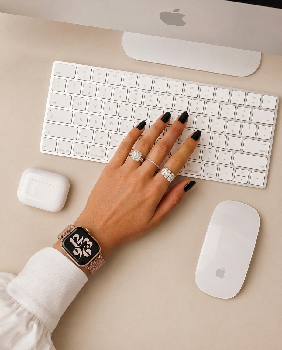 Model wearing Champagne Rose Gold Havana Stainless Steel Band for Apple Watch Apple Watch band