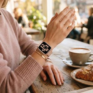 Model wearing Champagne Rose Gold Havana Stainless Steel Band for Apple Watch Apple Watch band