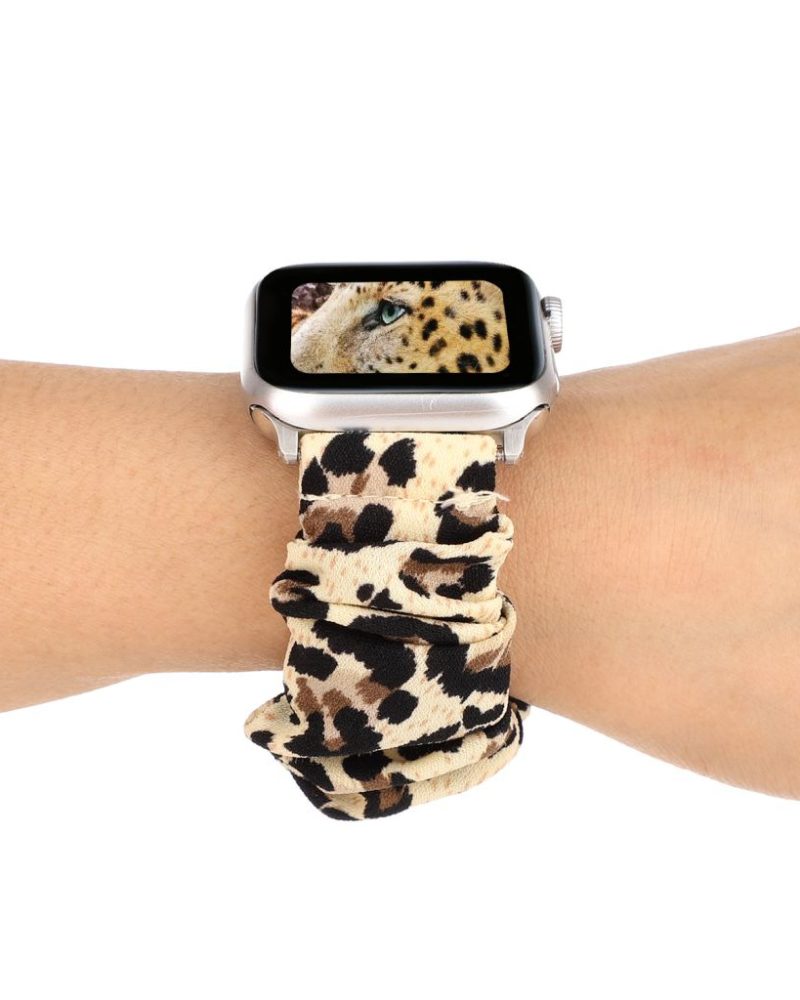 Cheetah print scrunchie fabric loop band for Apple Watch on wrist