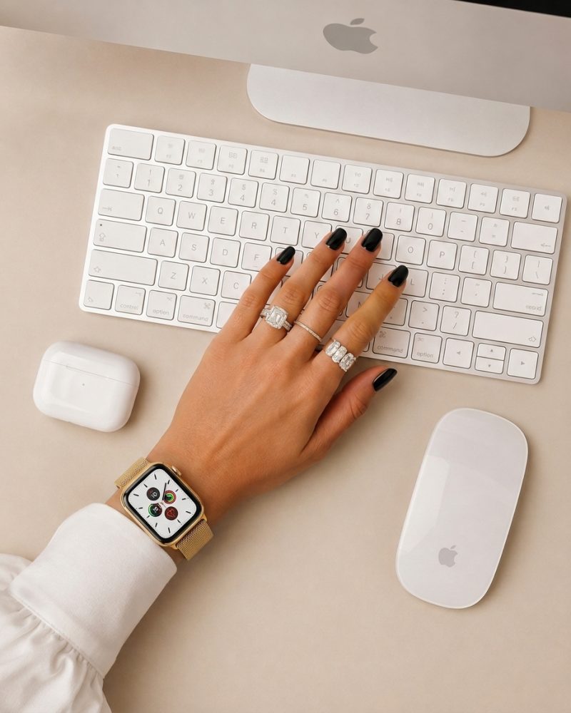 Model wearing Classic Gold Milanese Loop for Apple Watch Apple Watch band