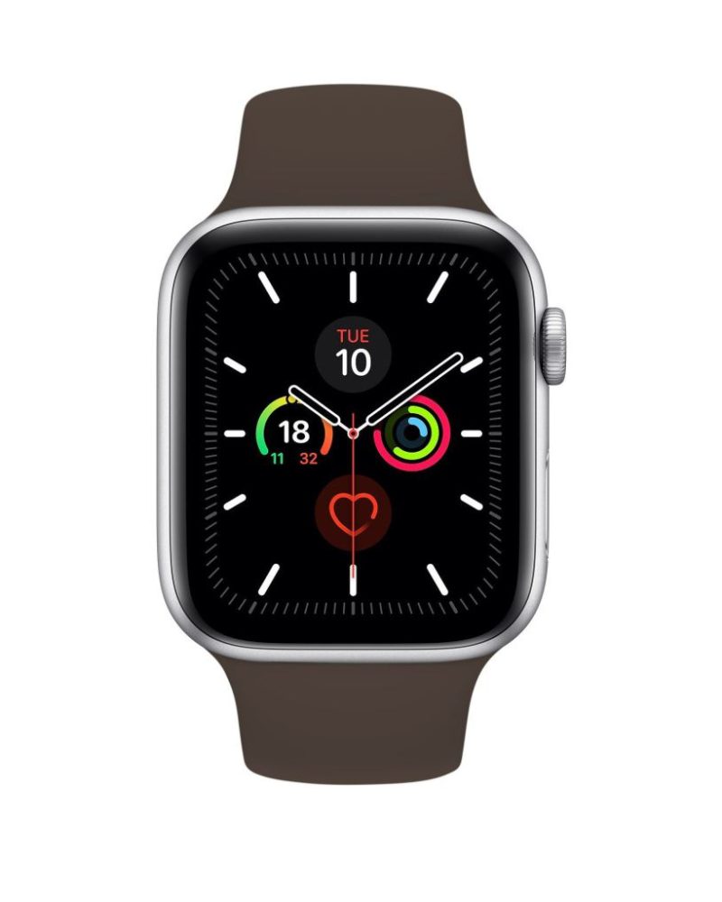 Cocoa brown silicone Apple Watch sport band with silver aluminum case