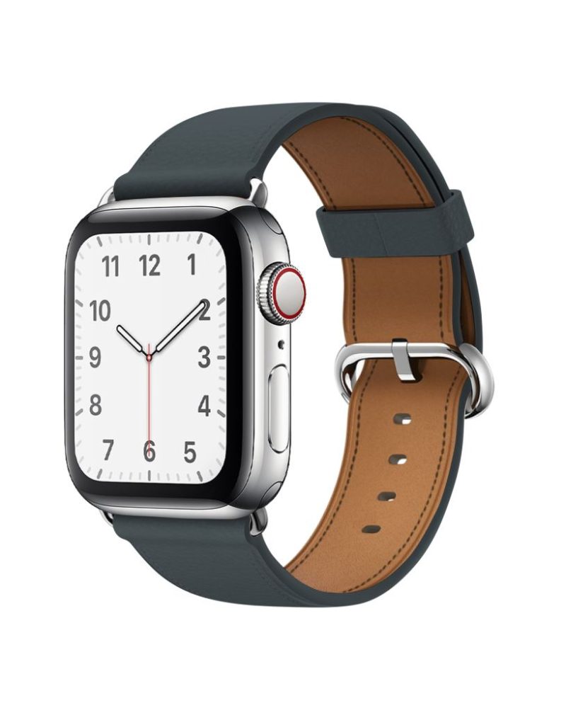 Slate gray leather Apple Watch band with silver classic buckle clasp