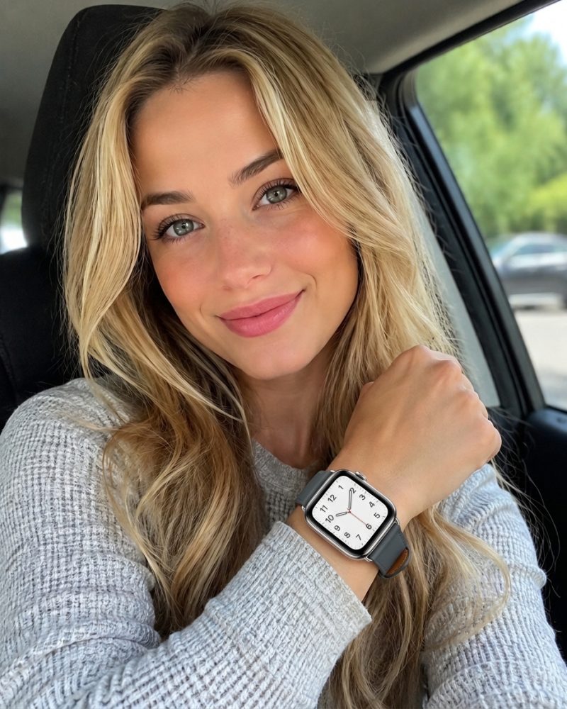 Model wearing Concrete Classic Leather Buckle for Apple Watch Apple Watch band