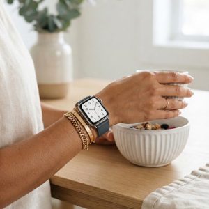 Model wearing Concrete Classic Leather Buckle for Apple Watch Apple Watch band