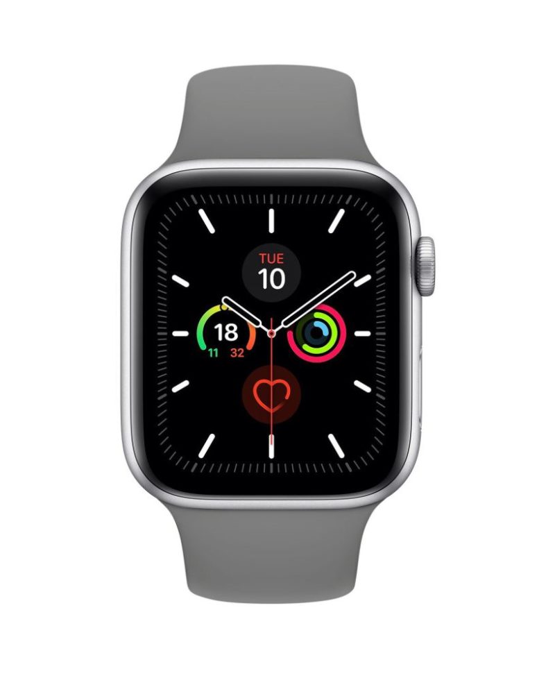 Concrete gray silicone Apple Watch sport band with silver aluminum case front view