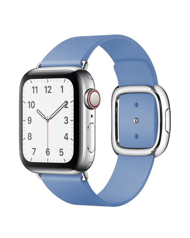 Cornflower blue leather Apple Watch band with silver modern buckle clasp