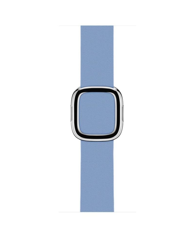 Cornflower blue leather Apple Watch band with polished silver modern buckle