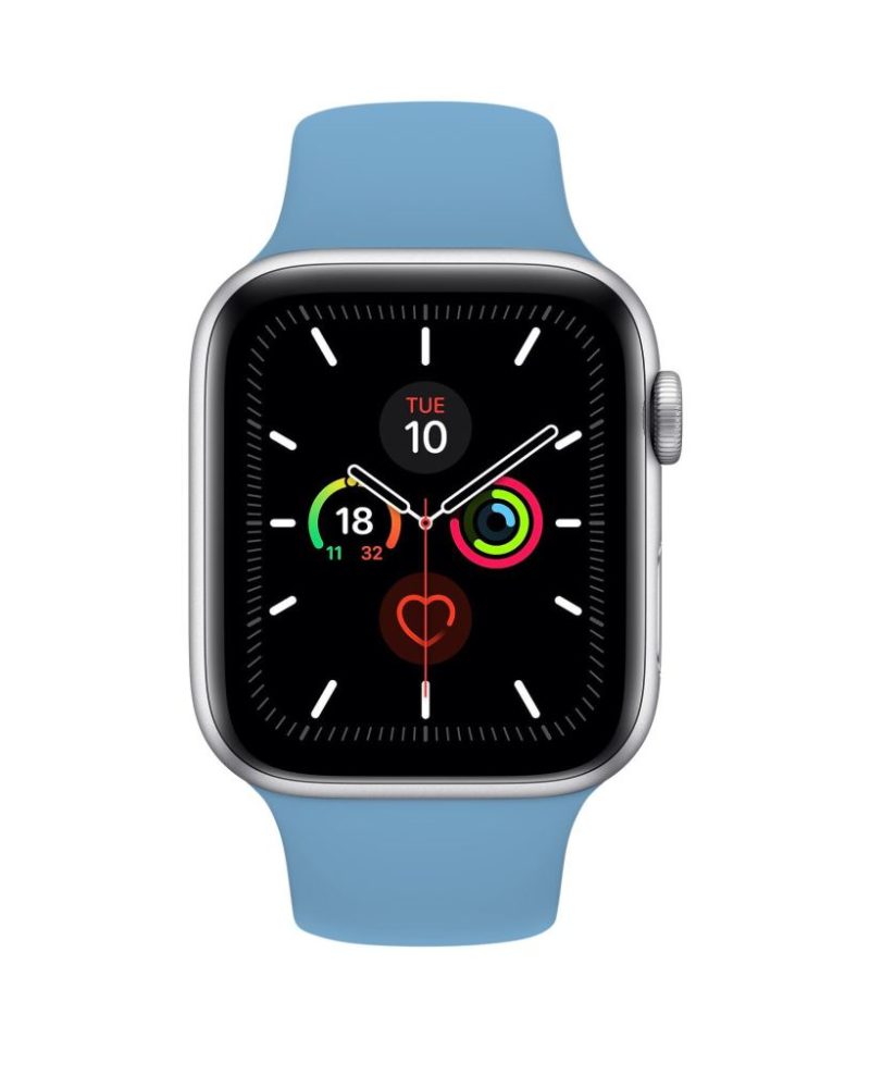 Cornflower blue silicone Apple Watch sport band with silver aluminum case