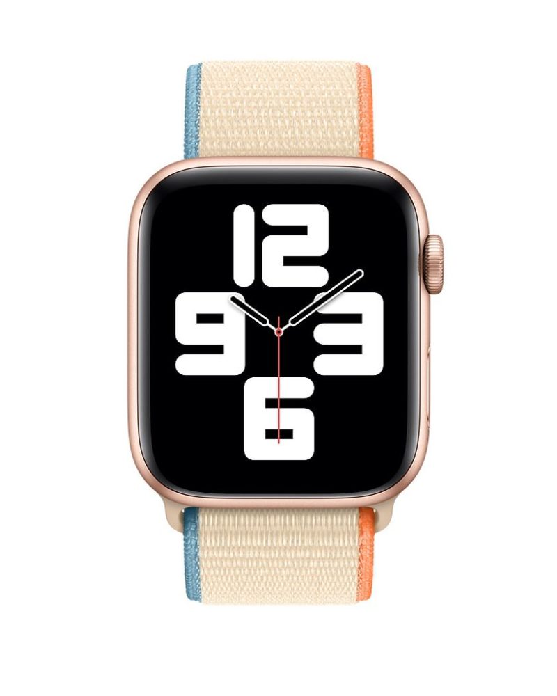 Cream nylon Sport Loop Apple Watch band with blue and orange accents