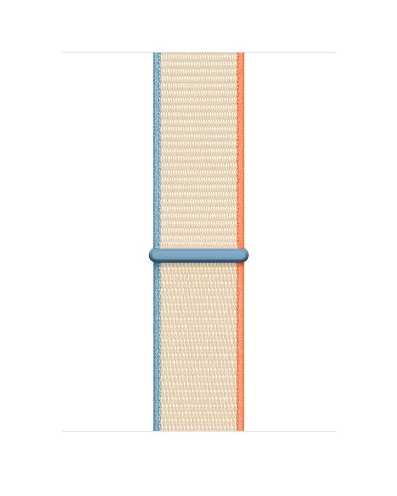 Cream nylon Apple Watch Sport Loop band with blue and orange edge accents
