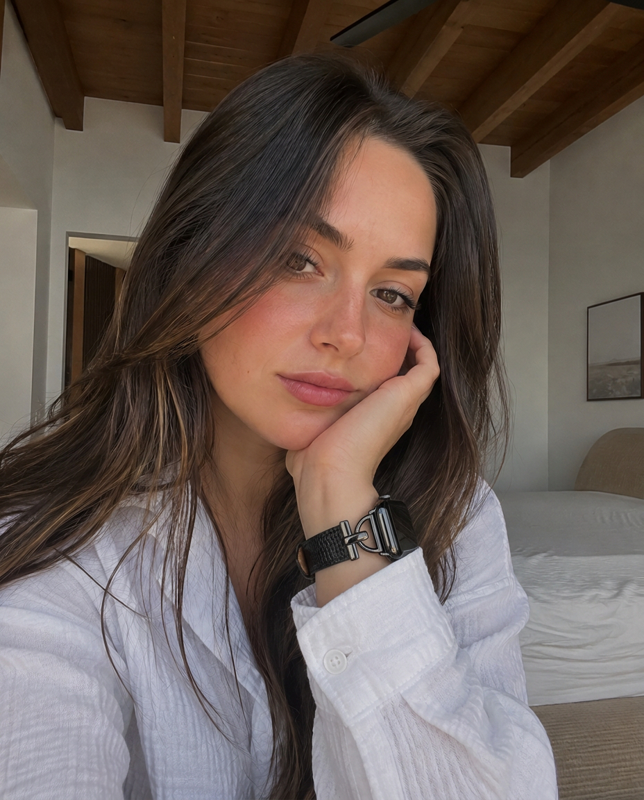 Model wearing Dakota Hybrid Steel Leather Band for Apple Watch in Black and Black Leather Apple Watch band