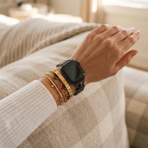 Model wearing Dakota Hybrid Steel Leather Band for Apple Watch in Black and Black Leather Apple Watch band