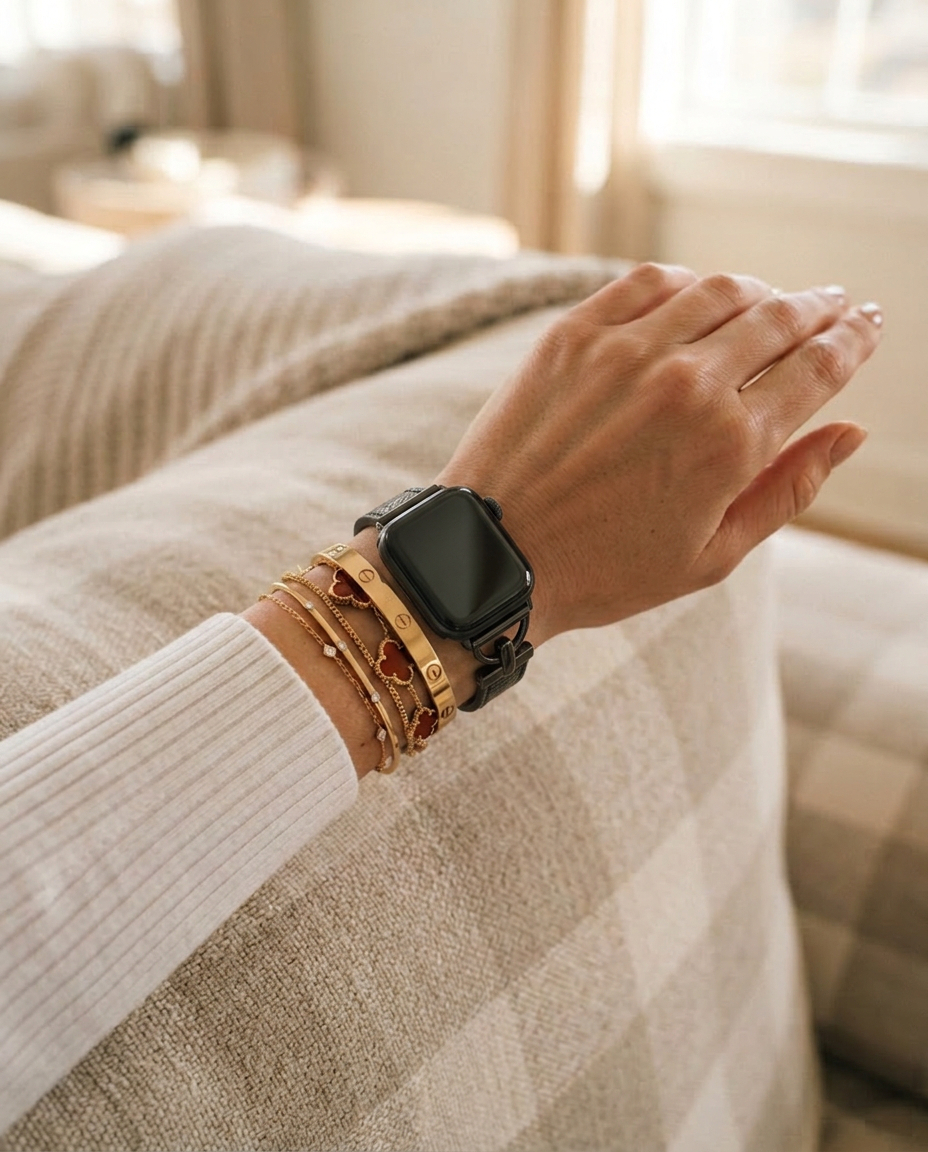 Model wearing Dakota Hybrid Steel Leather Band for Apple Watch in Black and Black Leather Apple Watch band