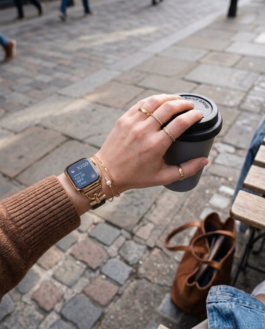 Model wearing Dakota Hybrid Steel Leather Band for Apple Watch in Gold and Black Leather Apple Watch band