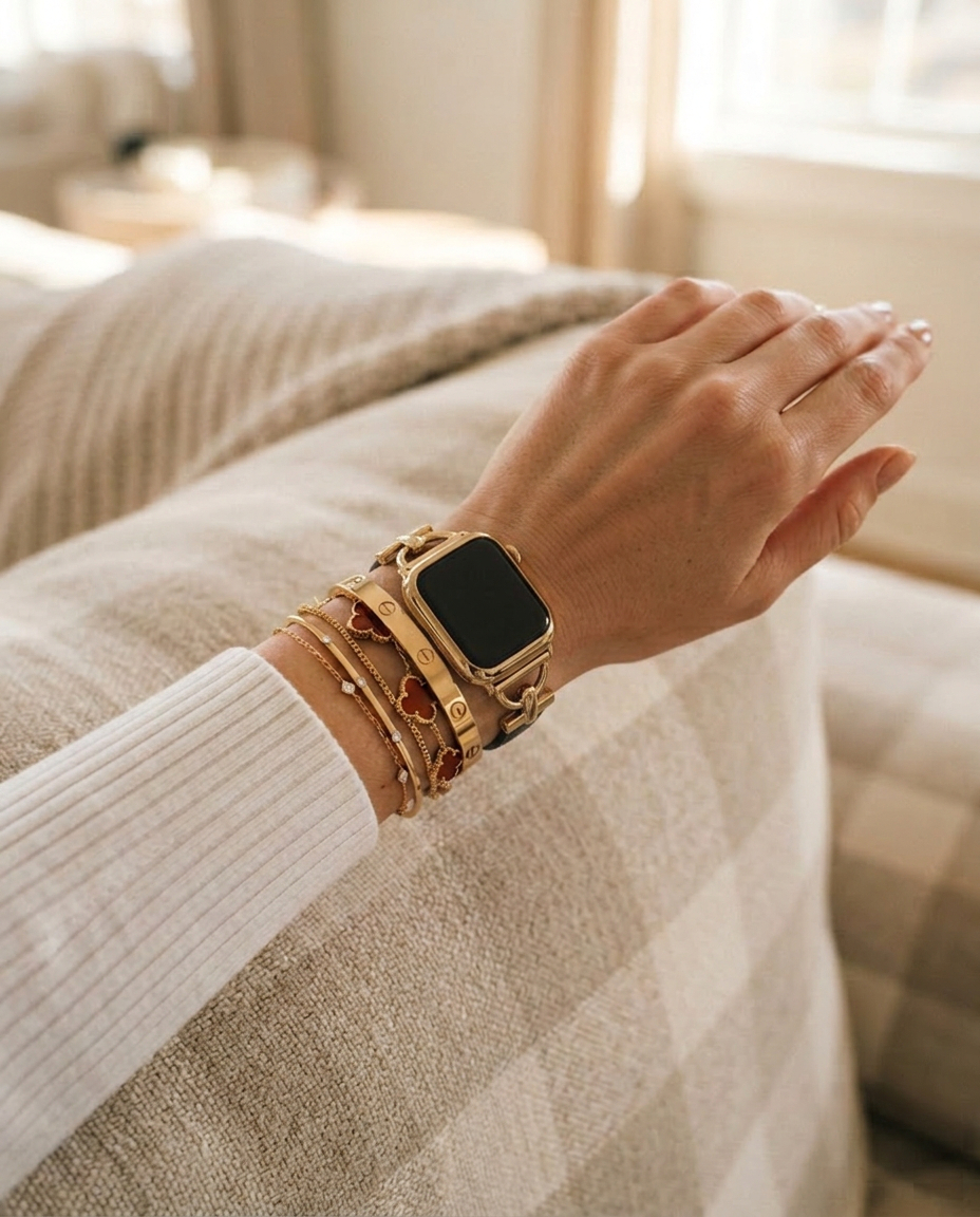 Model wearing Dakota Hybrid Steel Leather Band for Apple Watch in Gold and Black Leather Apple Watch band