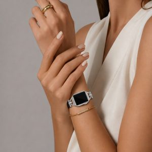 Model wearing Dakota Hybrid Steel Leather Band for Apple Watch in Silver and Black Leather Apple Watch band