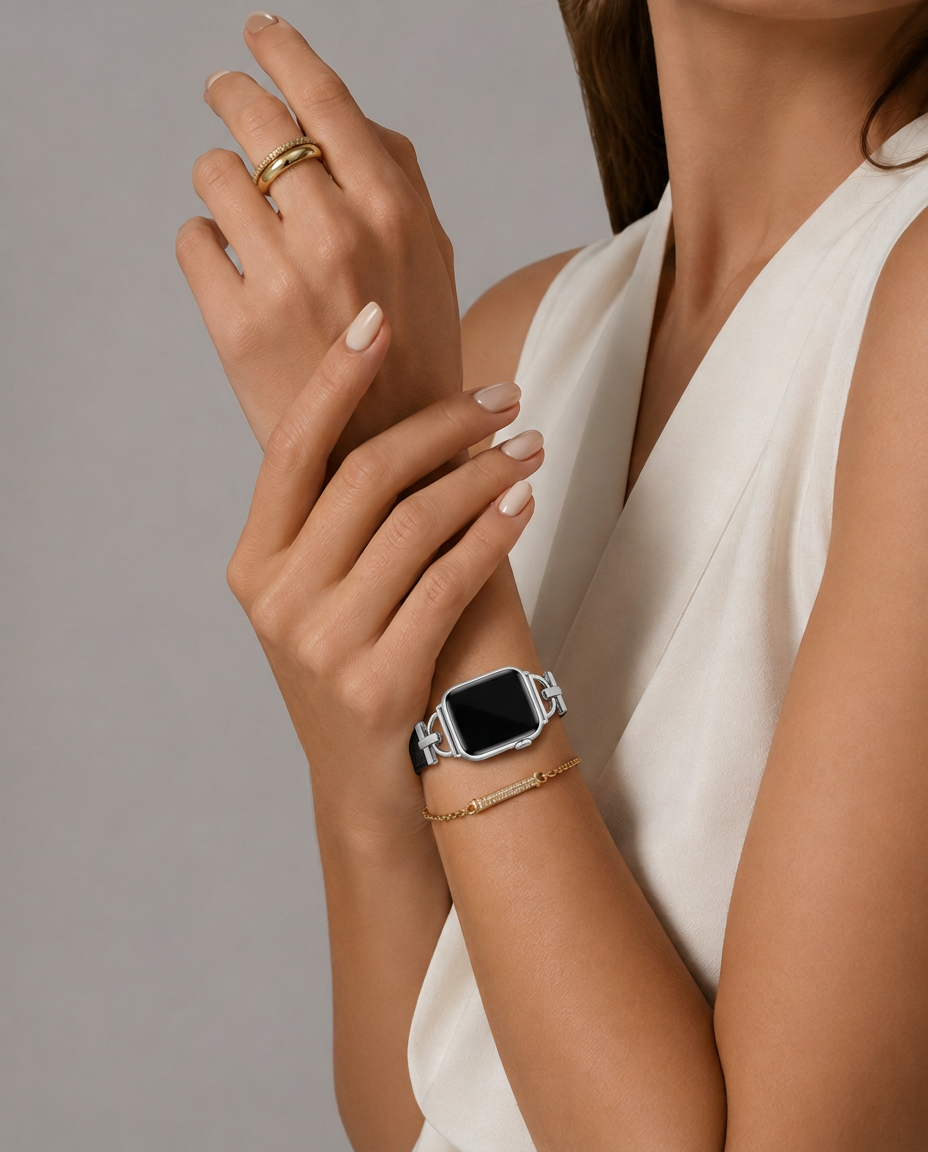Model wearing Dakota Hybrid Steel Leather Band for Apple Watch in Silver and Black Leather Apple Watch band