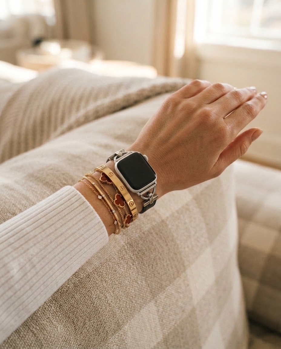 Model wearing Dakota Hybrid Steel Leather Band for Apple Watch in Silver and Black Leather Apple Watch band