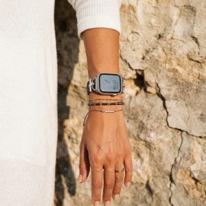 Model wearing Dakota Hybrid Steel Leather Band for Apple Watch in Silver and Black Leather Apple Watch band