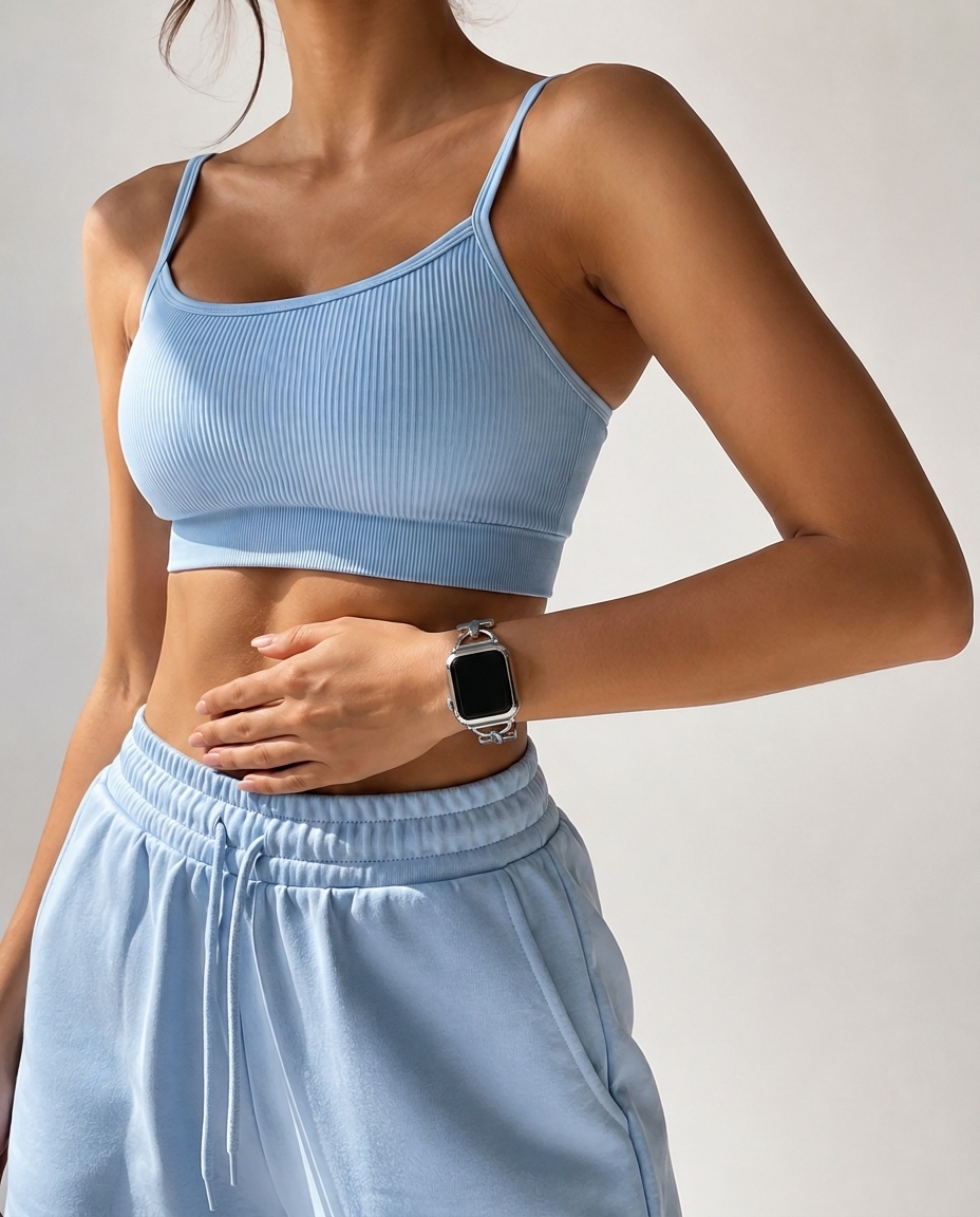 Model wearing Dakota Hybrid Steel Leather Band for Apple Watch in Silver and Brown Leather Apple Watch band