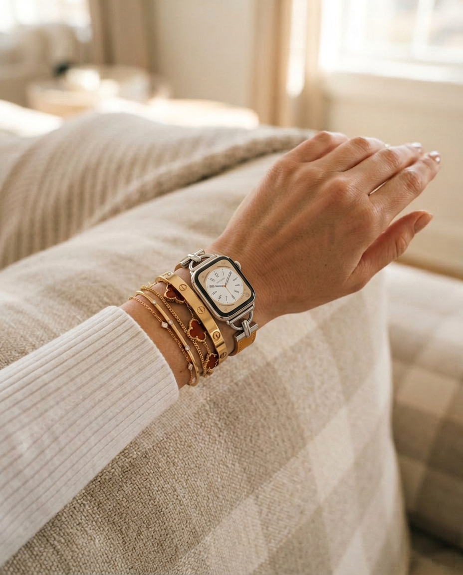 Model wearing Dakota Hybrid Steel Leather Band for Apple Watch in Silver and Brown Leather Apple Watch band