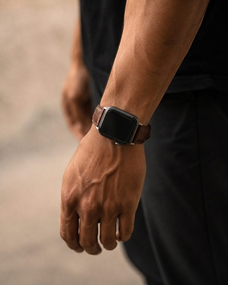 Model wearing Dark Brown Croc Leather Band for Apple Watch Apple Watch band