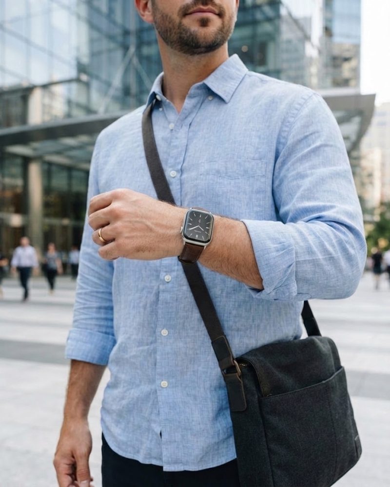 Model wearing Dark Brown Croc Leather Band for Apple Watch Apple Watch band