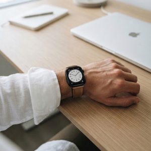 Model wearing Dark Brown Lincoln Leather Band for Apple Watch Apple Watch band