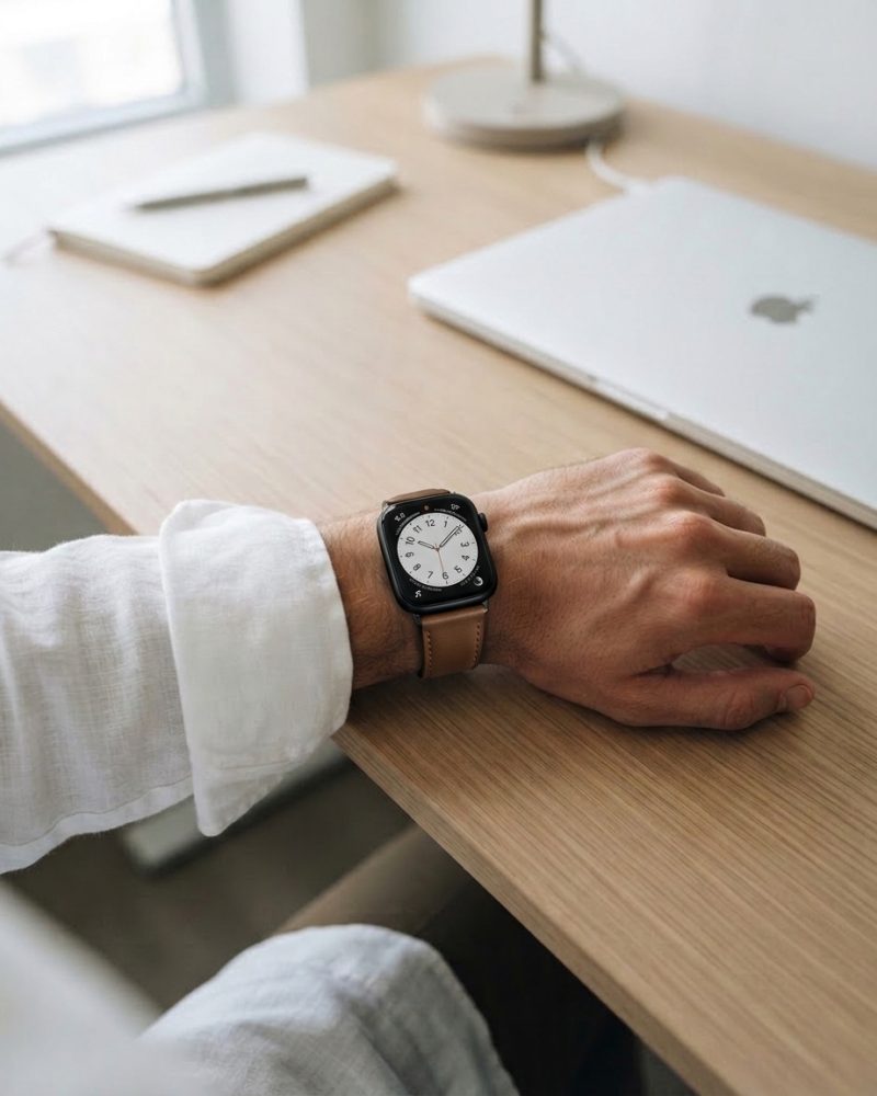 Model wearing Dark Brown Lincoln Leather Band for Apple Watch Apple Watch band