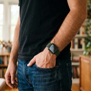 Model wearing Dark Green Milanese Loop For Apple Watch Apple Watch band
