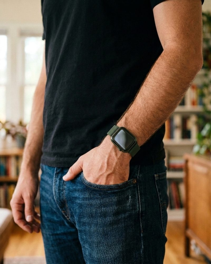 Model wearing Dark Green Milanese Loop For Apple Watch Apple Watch band