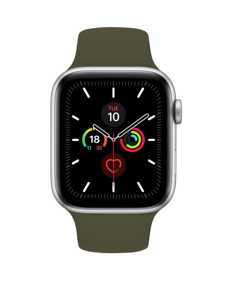 Dark olive green silicone sport band paired with silver Apple Watch