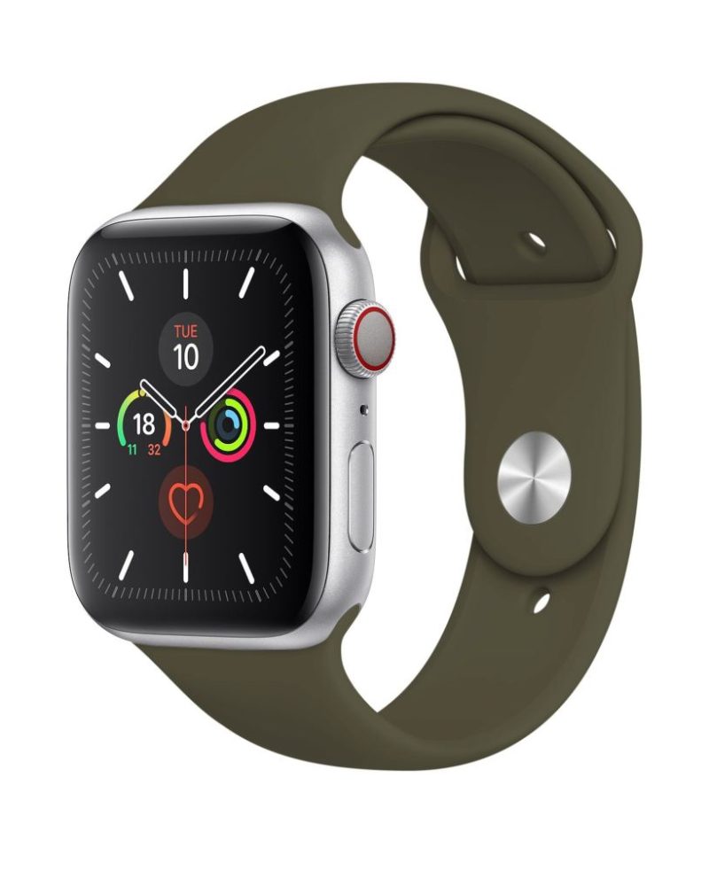 Dark olive green silicone sport band for Apple Watch with silver pin buckle.