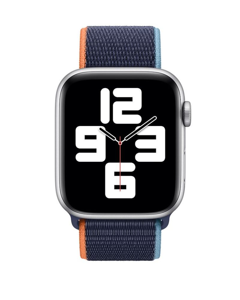 Deep navy woven nylon Apple Watch Sport Loop band with orange and light blue accents