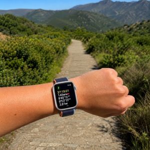 Model wearing Deep Navy Sport Loop For Apple Watch Apple Watch band