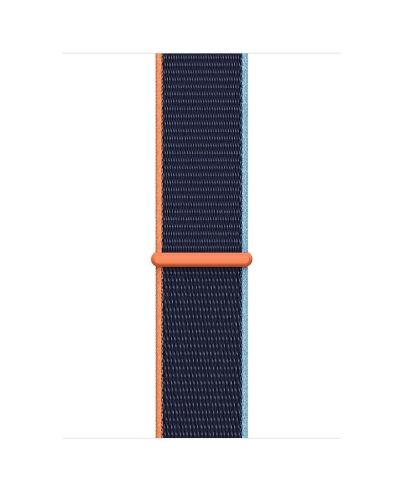 Deep navy woven nylon Apple Watch Sport Loop band with orange hook-and-loop fastener