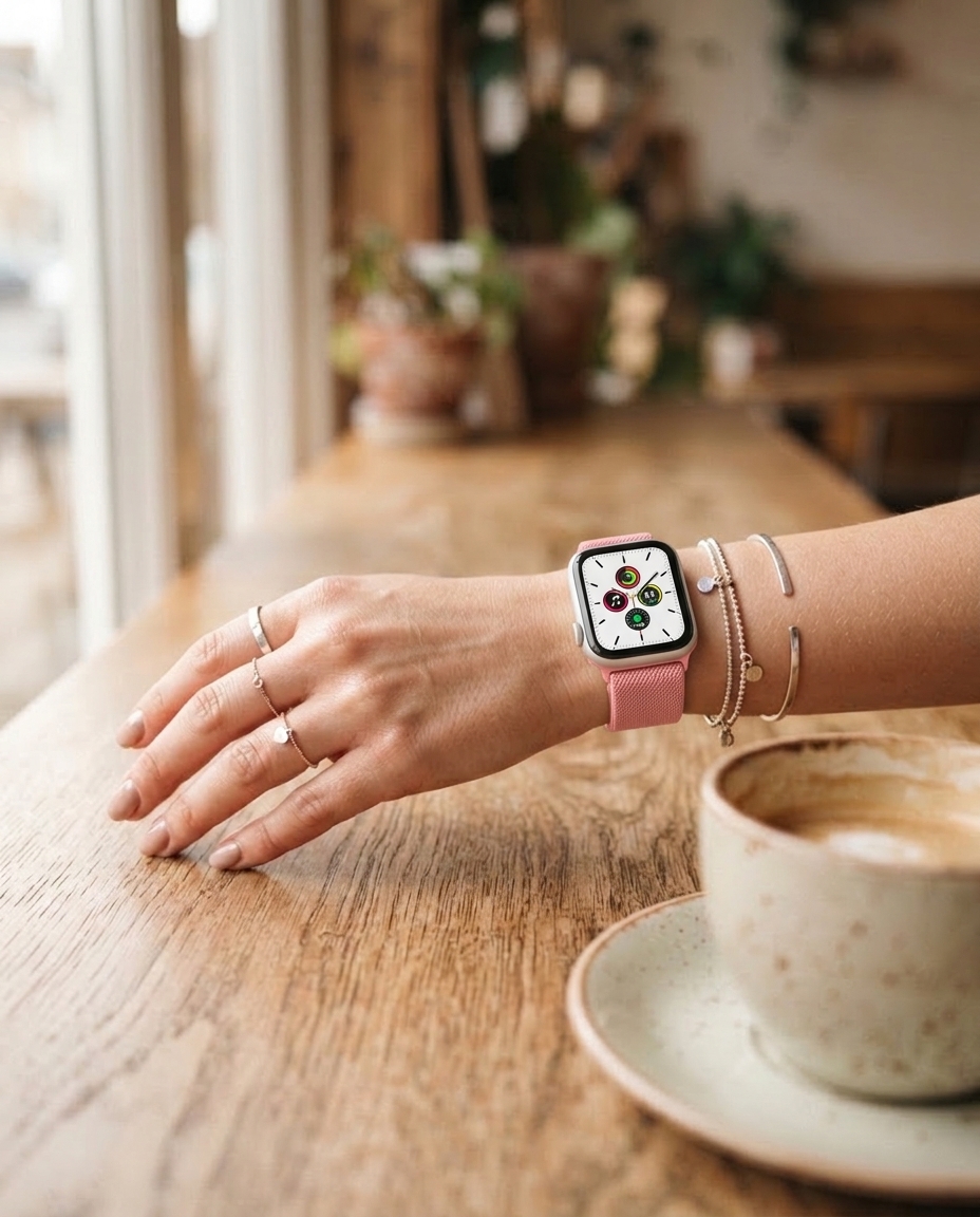 Model wearing Deep Pink Elastic Loop Band for Apple Watch Apple Watch band