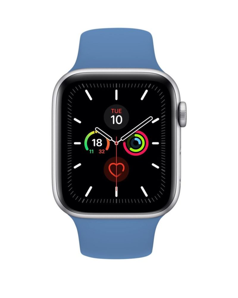 Denim blue silicone Apple Watch sport band on silver aluminum case