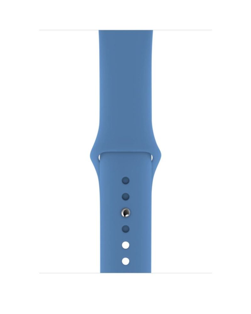 Denim blue silicone Apple Watch sport band with adjustment holes and pin buckle