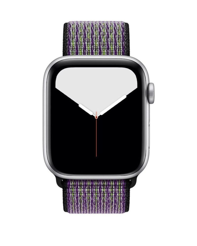 Purple and green woven nylon Sport Loop band on silver Apple Watch