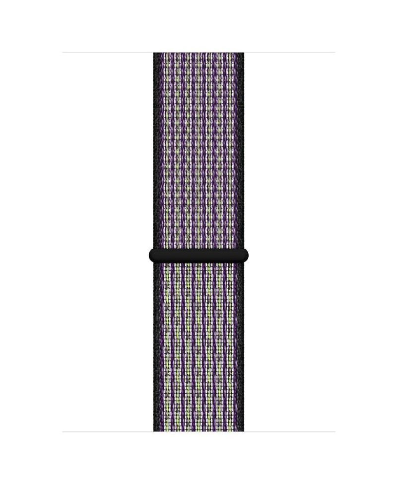 Purple and green striped nylon Sport Loop Apple Watch band with hook-and-loop closure