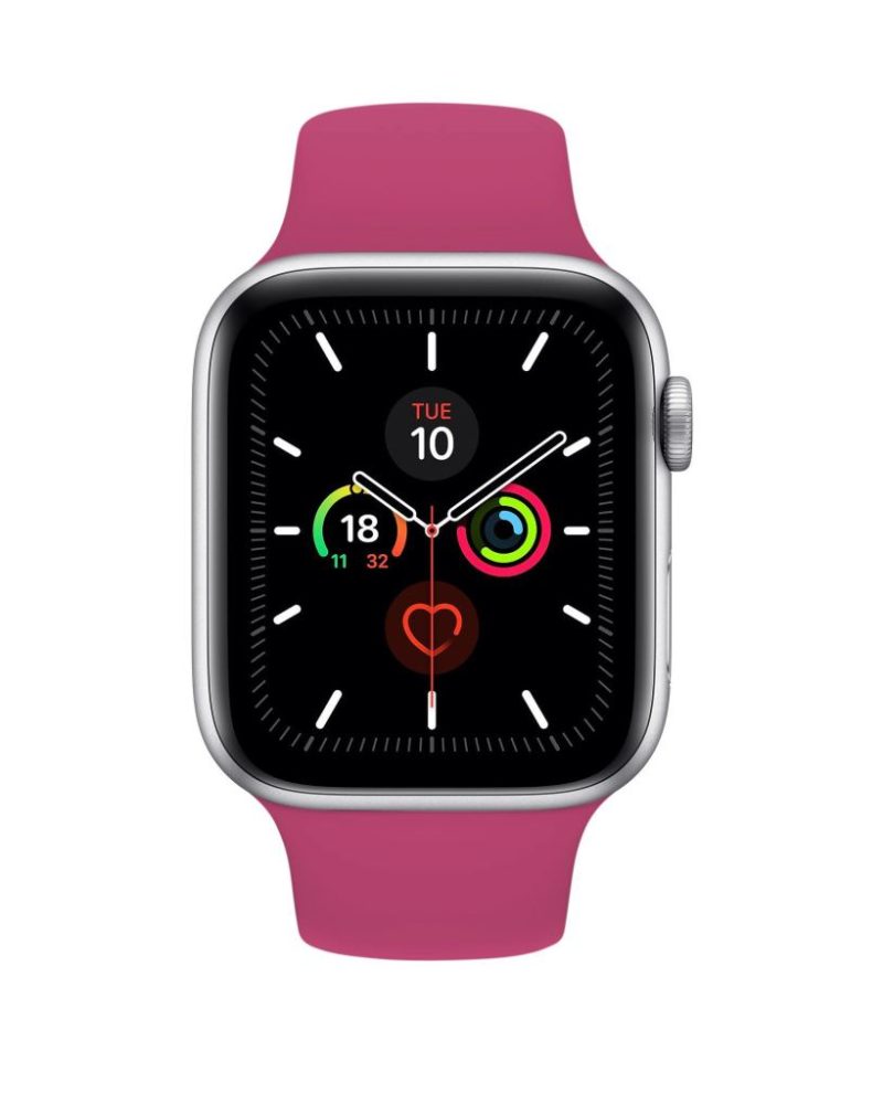 Dragonfruit pink silicone Apple Watch sport band with silver aluminum case