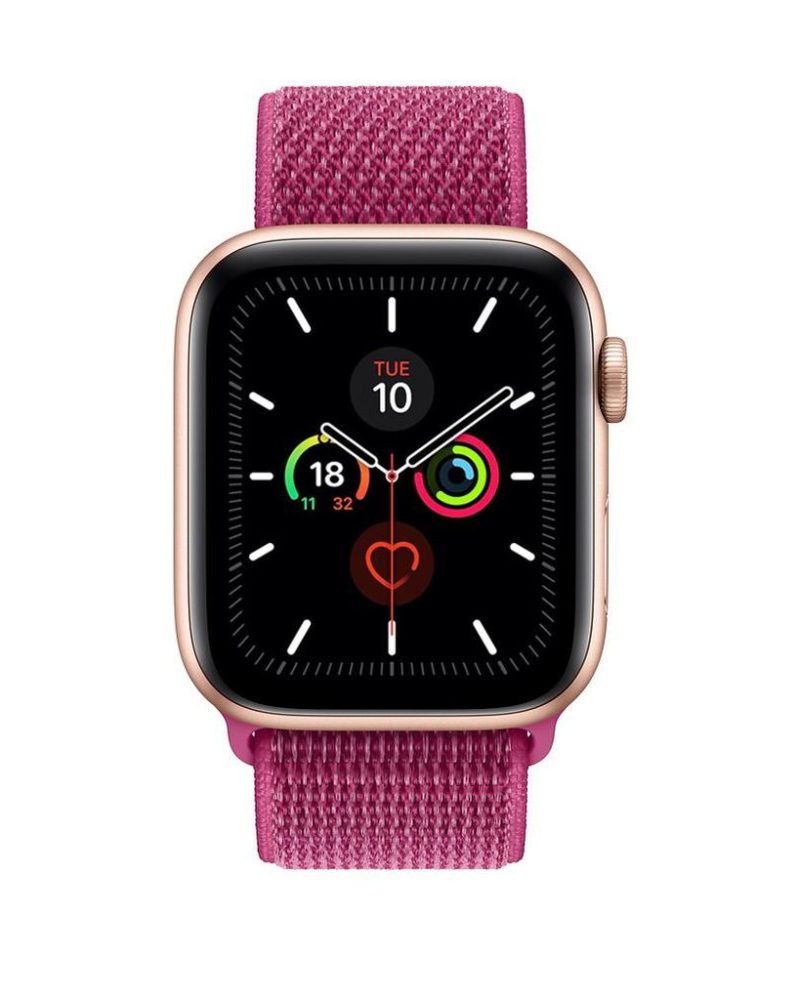 Dragon fruit pink woven nylon sport loop band on gold Apple Watch