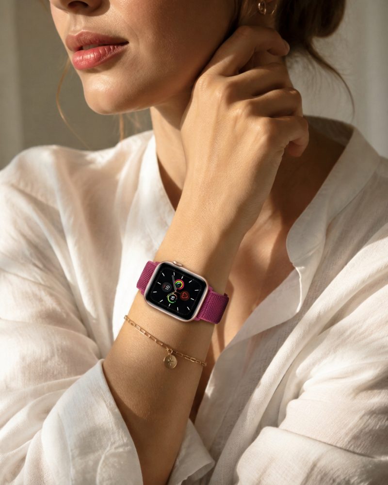 Model wearing Dragon Fruit Sport Loop For Apple Watch Apple Watch band
