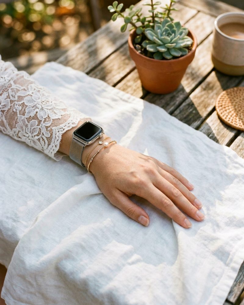 Model wearing Duo Gold Black Milanese Loop For Apple Watch Apple Watch band