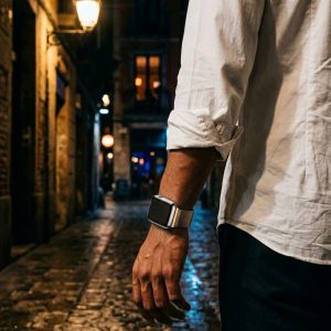 Model wearing Duo Gold Black Milanese Loop For Apple Watch Apple Watch band
