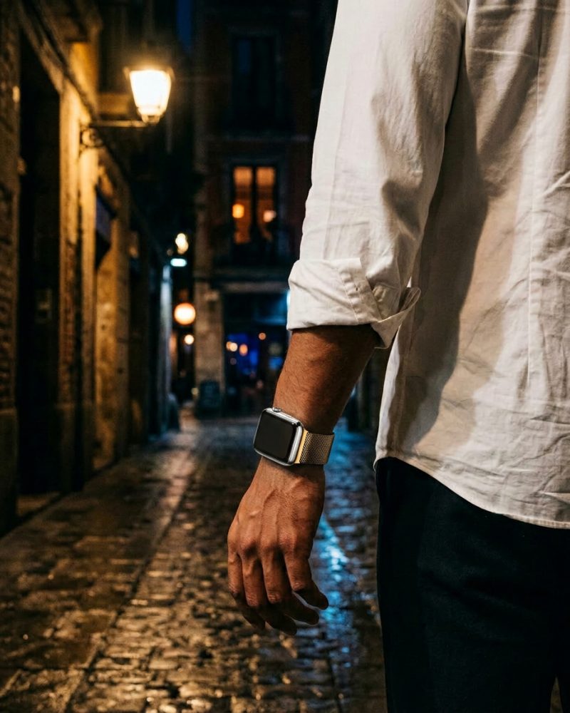 Model wearing Duo Gold Black Milanese Loop For Apple Watch Apple Watch band