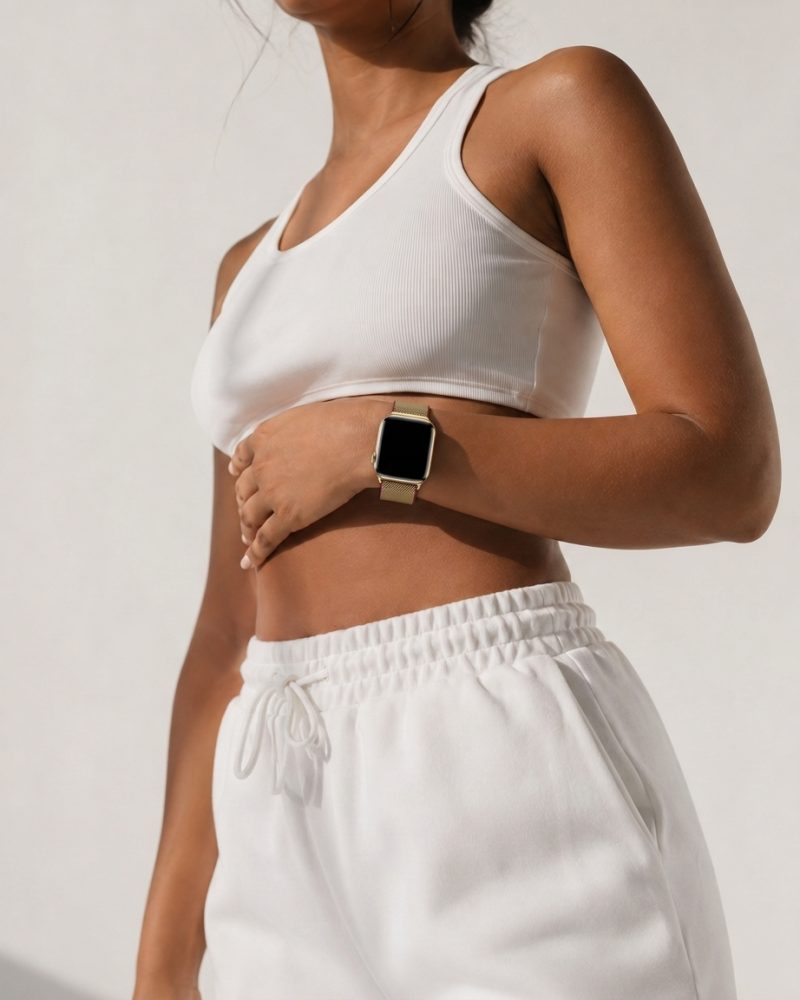 Model wearing Duo Gold Pink Milanese Loop For Apple Watch Apple Watch band